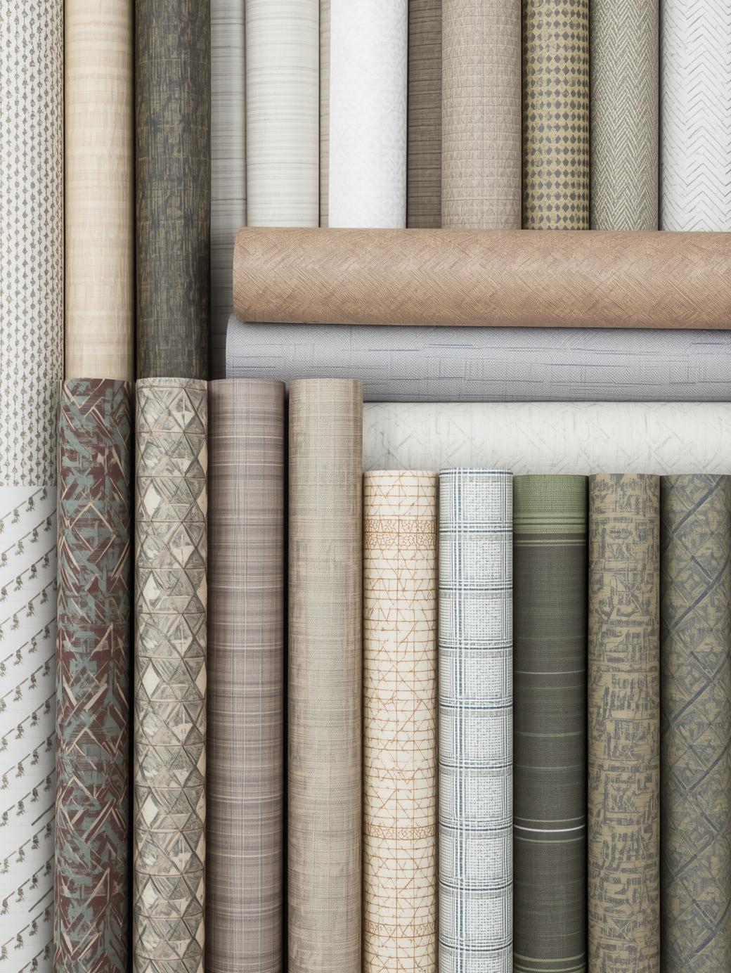 Make the picture of wall wallpapers in paper fabric sheet with different designs showing in one picture. make some decent colors in all types show them in rolls