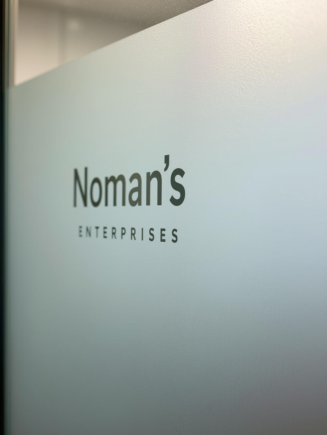 frosted paper with printed Noman's Enterprises on the office glass door